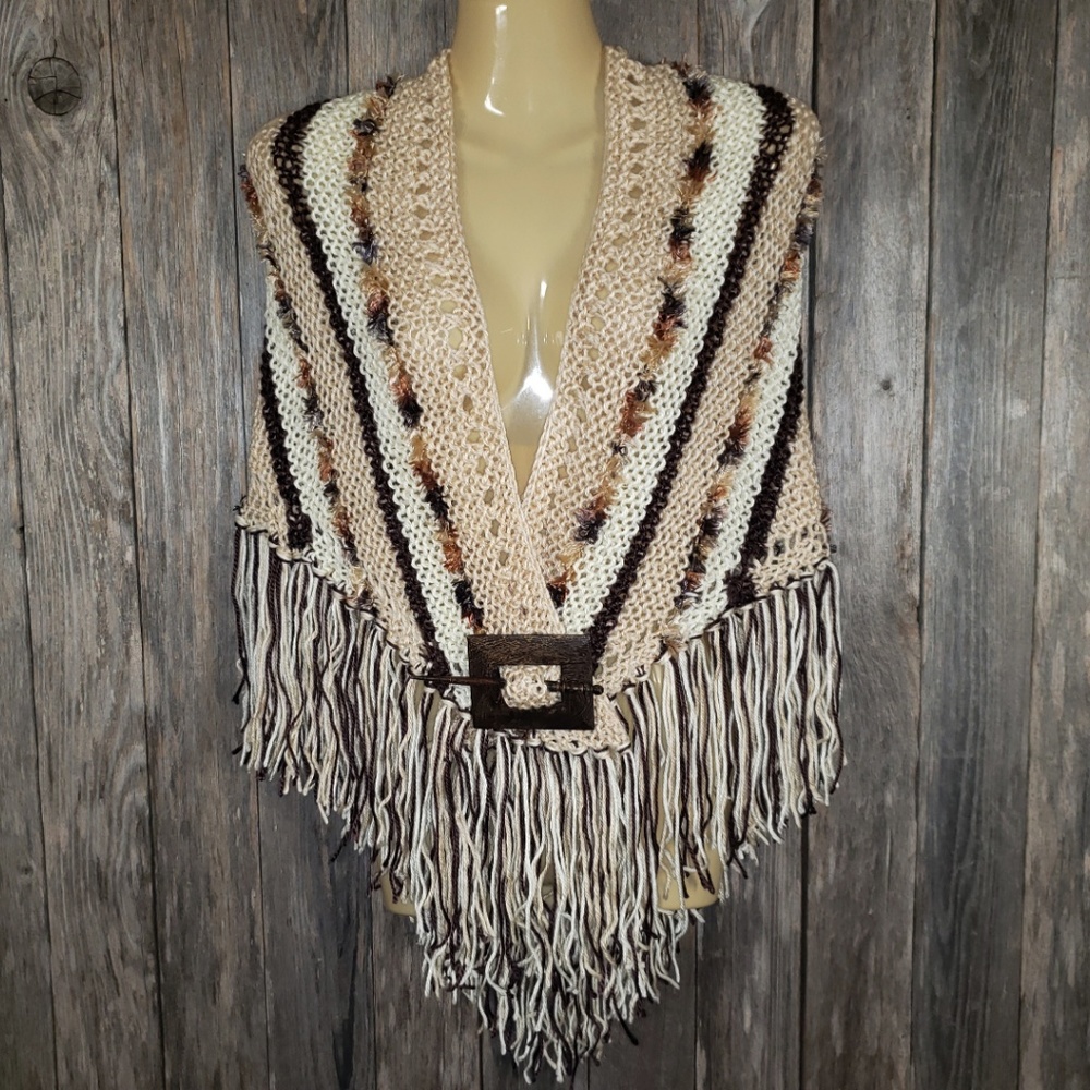 Beige Brown Hand Knitted Shawl Scarf Wrap Boho New - Picture 8 of 9
